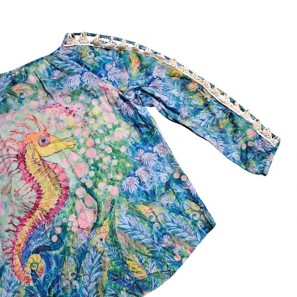 Leoma Lovegrove Seahorse Tie Waist Art to Wear Top Watercolor L Laced Sleeves - Picture 8 of 12